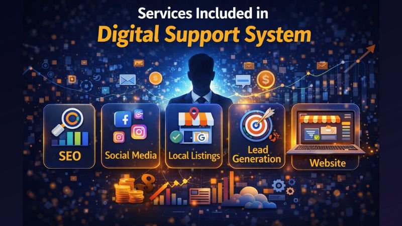 Services included in digital support system such as Graphic Design Services google business profile setup whatsapp business website development on page seo off page seo technical seo business digital tools and softwares
